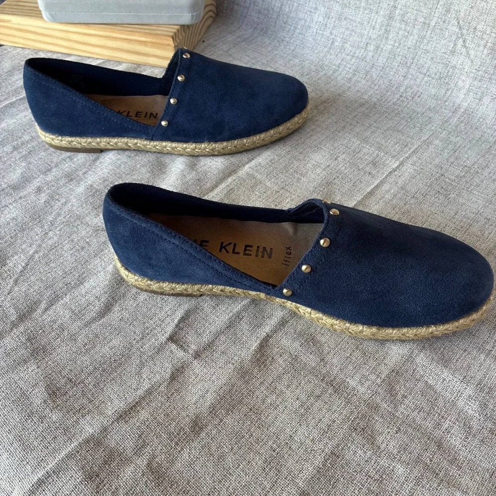 Anne Klein Espadrille Flats Navy Blue Suede Studded 7.5M Kaily iflex Slip On